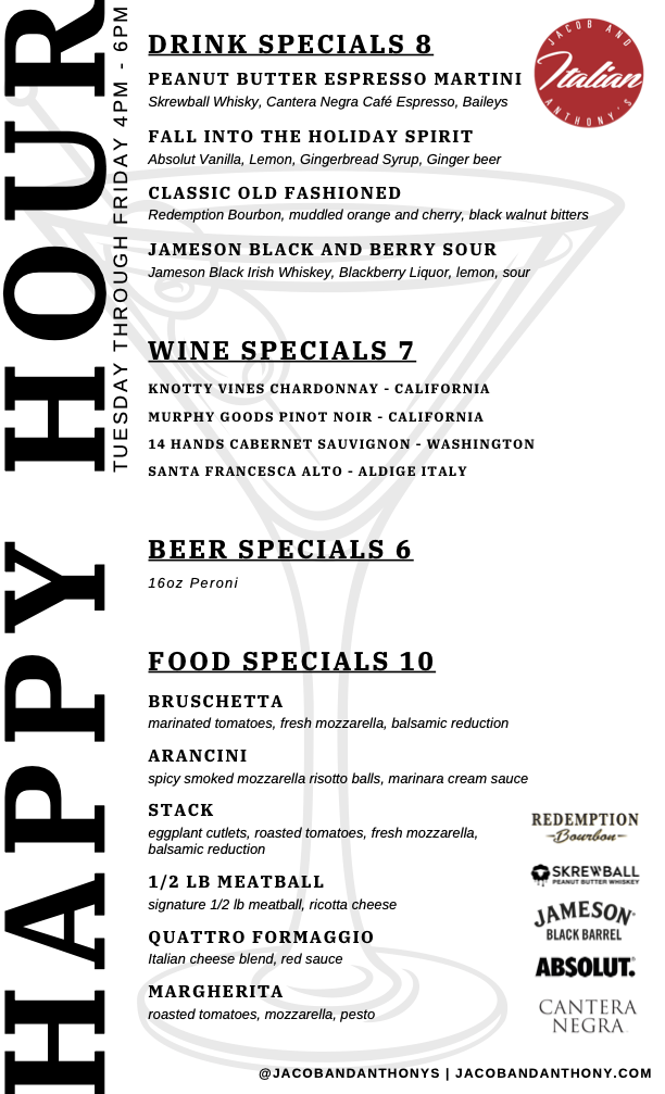 Happy Hour Menus Jacob and Anthony's Unique dining experience in NY